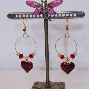 Earrings Enameled Red heart charm & crystals on gold-plated wire ring & earwire.